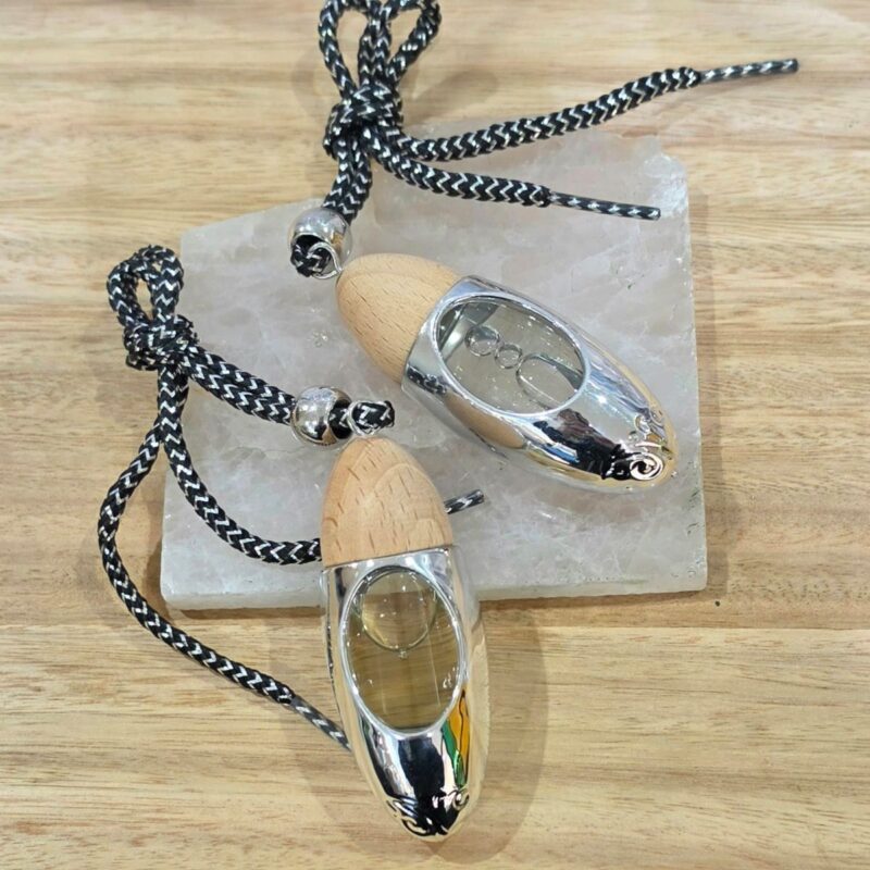 Silver empty bullet car diffuser bottle with wooden lid and hanging cord
