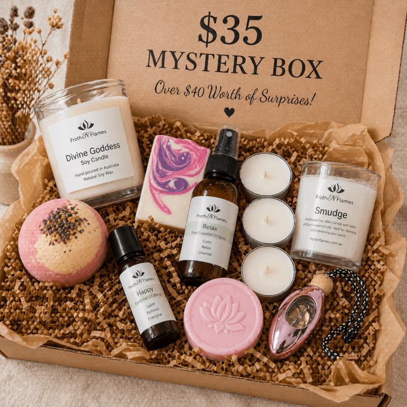 Mystery Box Small with handmade soaps, soy candles and self care products, Australian made gift box.