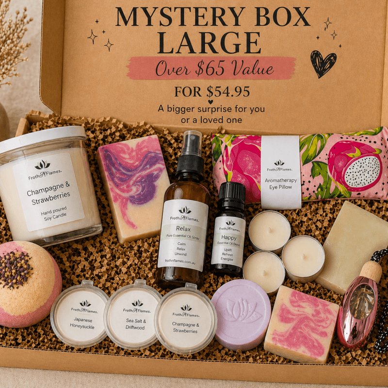 Mystery Box Large with soy candles, handmade soaps and self care products, Australian made gift box.