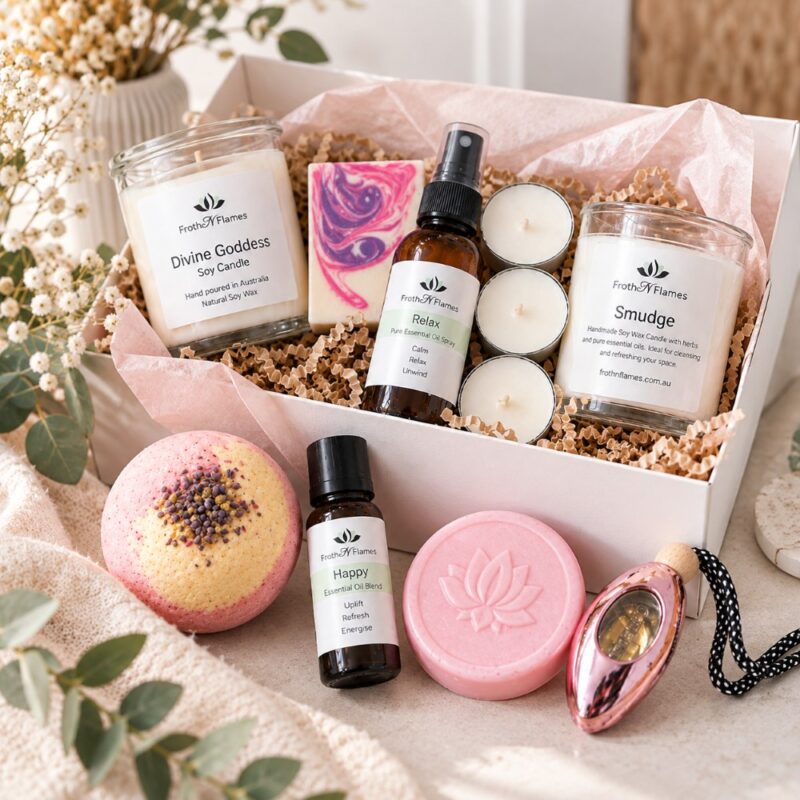 Froth n Flames Small Mystery Box with handmade soaps, candles and self-care products