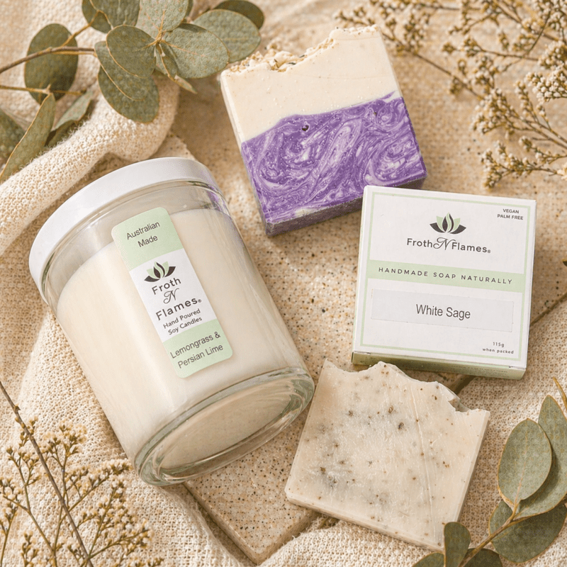 Self care bundle with soy candle and handmade natural soaps by Froth N Flames Australia